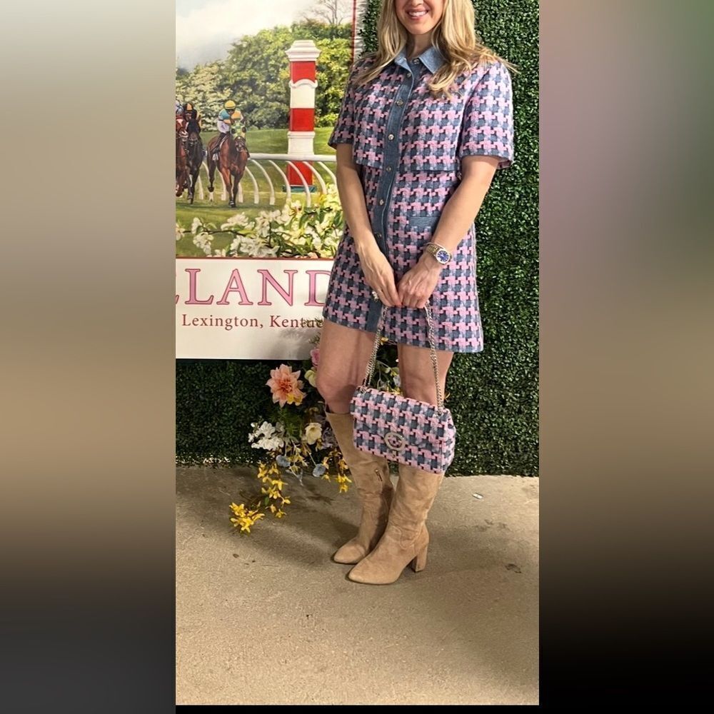 Sandro Amadora pink blue houndstooth tweed mini dress 38 6
